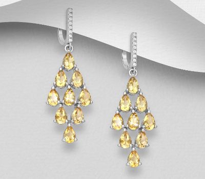 La Preciada - 925 Sterling Silver Omega Lock Earrings, Decorated with Citrines and CZ Simulated Diamonds