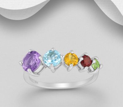 Şəkli böyütmək üçün tiklayın La Preciada - 925 Sterling Silver Ring, Decorated with Various Gemstones, Gemstone Colors may Vary.