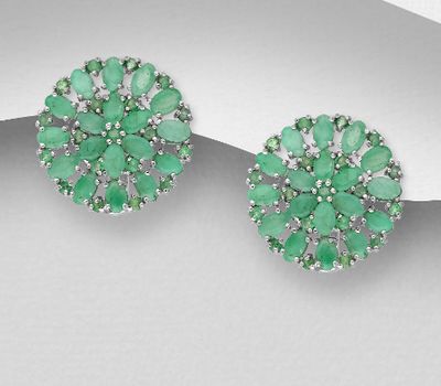 Şəkli böyütmək üçün tiklayın La Preciada - 925 Sterling Silver Omega Lock Earrings, Decorated with Emerald