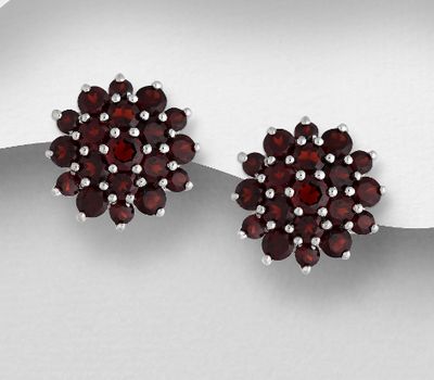 La Preciada - 925 Sterling Silver Omega Lock Earrings, Decorated with Garnet