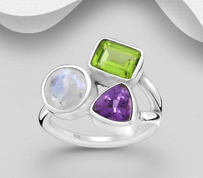 Şəkli böyütmək üçün tiklayın 925 Sterling Silver Ring, Decorated with Amethyst, Peridot and Rainbow Moonstone