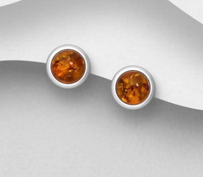 Şəkli böyütmək üçün tiklayın 925 Sterling Silver Circle Push-Back Earrings, Decorated with Baltic Amber, 8 mm Diameter