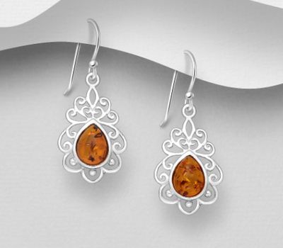 Şəkli böyütmək üçün tiklayın 925 Sterling Silver Swirl Hook Earrings, Decorated with Baltic Amber