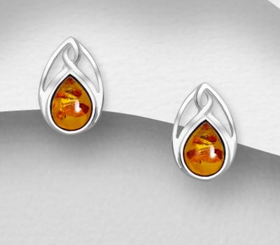 925 Sterling Silver Push-Back Earrings, Decorated with Baltic Amber