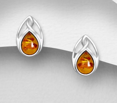 Şəkli böyütmək üçün tiklayın 925 Sterling Silver Push-Back Earrings, Decorated with Baltic Amber