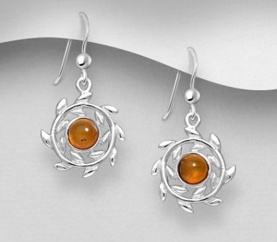 925 Sterling Silver Hook Earrings, Decorated with Baltic Amber