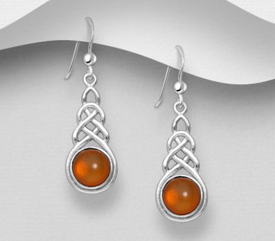 925 Sterling Silver Celtic Hook Earrings, Decorated with Baltic Amber