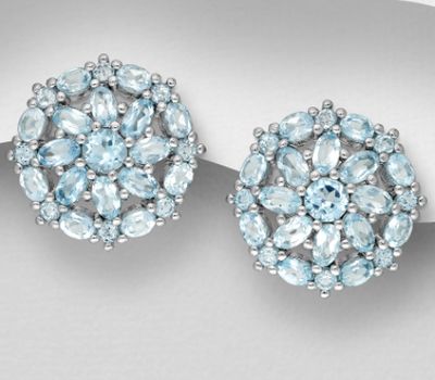 925 Sterling Silver Omega-Lock Earrings, Decorated with Sky-Blue Topaz