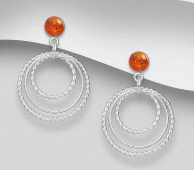 925 Sterling Silver Circle Push-Back Earrings, Decorated with Baltic Amber
