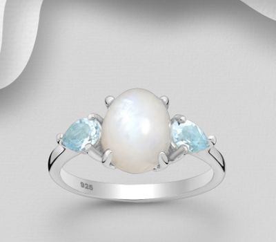 La Preciada - 925 Sterling Silver Ring, Decorated with Rainbow Moonstone and Sky-Blue Topaz