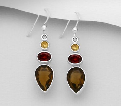925 Sterling Silver Hook Earrings, Decorated with Citrine, Garnet and Smoky Quartz