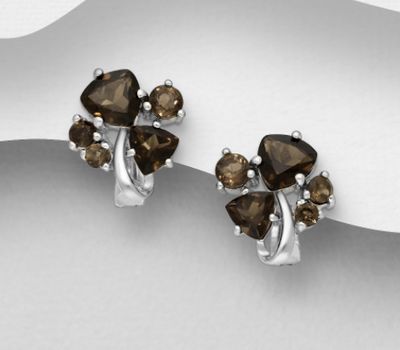925 Sterling Silver Omega-Lock Earrings, Decorated with Smoky Quartz