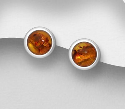 925 Sterling Silver Circle Push-Back Earrings, Decorated with Baltic Amber, 10 mm Diameter