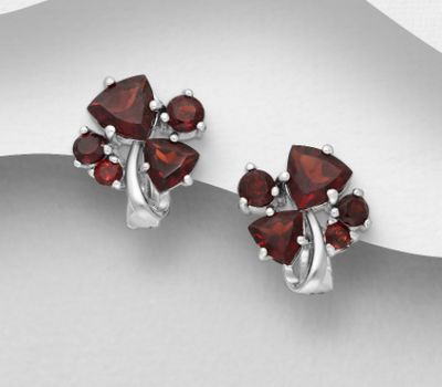 925 Sterling Silver Omega-Lock Earrings, Decorated with Garnet or Sky-Blue Topaz