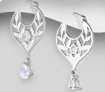 La Preciada - 925 Sterling Silver Branch and Leaf Hoop Earrings, Decorated with Gemstones