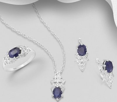 La Preciada - 925 Sterling Silver Omega Lock Earrings, Pendant and Ring Jewelry Set, Decorated with Various Gemstones and CZ Simulated Diamonds