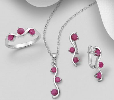 925 Sterling Silver Omega Lock Earrings, Pendant and Ring, Decorated with Emeralds or Rubies