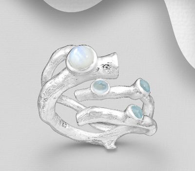 925 Sterling Silver Branch Ring, Decorated with Rainbow Moonstone and Sky-Blue Topaz