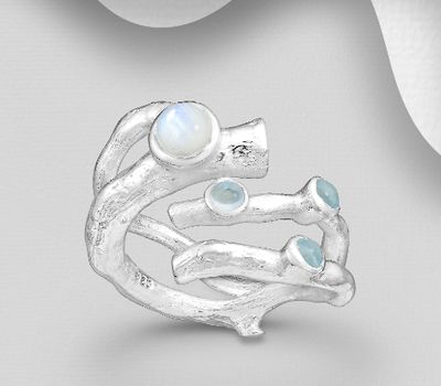 Şəkli böyütmək üçün tiklayın 925 Sterling Silver Branch Ring, Decorated with Rainbow Moonstone and Sky-Blue Topaz