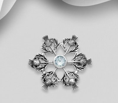 925 Sterling Silver Oxidized Thistle Brooch, Decorated with Sky-Blue Topaz