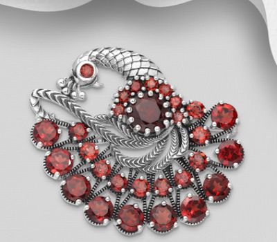 La Preciada - 925 Sterling Silver Peacock Brooch, Decorated with Garnet