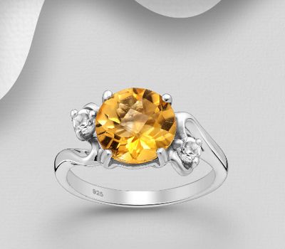 925 Sterling Silver Ring, Decorated with Citrine and White Topaz