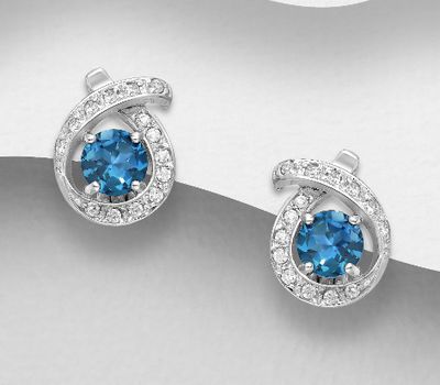 La Preciada - 925 Sterling Silver Omega Lock Earrings, Decorated with Swiss Blue Topaz and CZ Simulated Diamonds