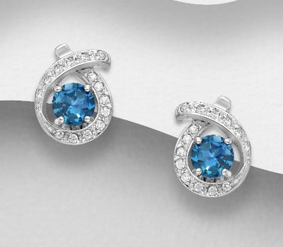 Şəkli böyütmək üçün tiklayın La Preciada - 925 Sterling Silver Omega Lock Earrings, Decorated with Swiss Blue Topaz and CZ Simulated Diamonds