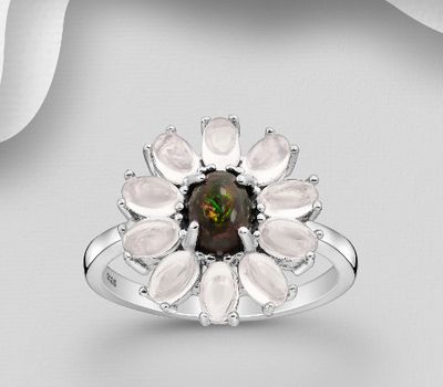 925 Sterling Silver Flower Ring, Decorated with Ethiopian Opal and Rose Quartz