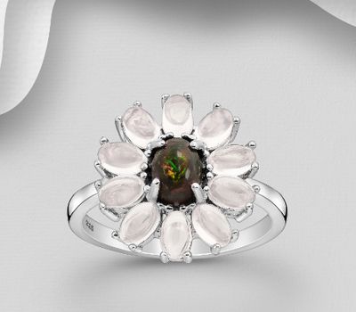 Şəkli böyütmək üçün tiklayın 925 Sterling Silver Flower Ring, Decorated with Ethiopian Opal and Rose Quartz