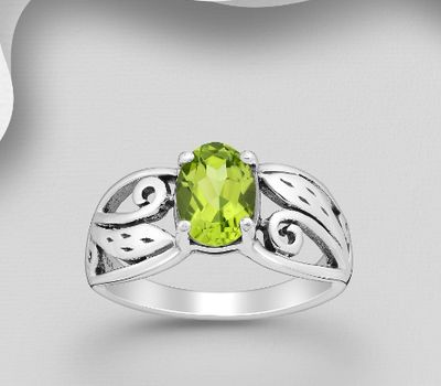 925 Sterling Silver Oxidized Swirl Ring, Featuring Leaf, Decorated with Peridot