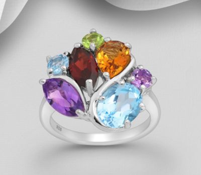 La Preciada - 925 Sterling Silver Ring, Decorated with Various Gemstones, Gemstone Colors may Vary.