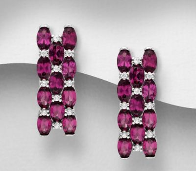 La Preciada - 925 Sterling Silver Omega Lock Earrings, Decorated with CZ Simulated Diamonds and Rhodolites