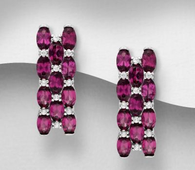 Şəkli böyütmək üçün tiklayın La Preciada - 925 Sterling Silver Omega Lock Earrings, Decorated with CZ Simulated Diamonds and Rhodolites