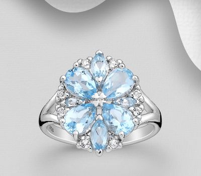 La Preciada - 925 Sterling Silver Ring, Decorated with CZ Simulated Diamonds and Sky-Blue Topaz