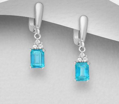 La Preciada - 925 Sterling Silver Omega Lock Earrings, Decorated with Paraiba Topaz and White Topaz