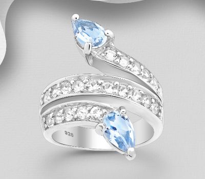 La Preciada - 925 Sterling Silver Ring, Decorated with CZ Simulated Diamonds and Sky-Blue Topaz