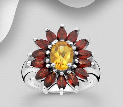 La Preciada - 925 Sterling Silver Flower Ring, Decorated with Citrine and Garnet