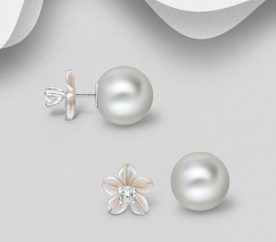 925 Sterling Silver Flower Jacket Earrings, Decorated with Simulated Pearls, Shell and CZ Simulated Diamonds