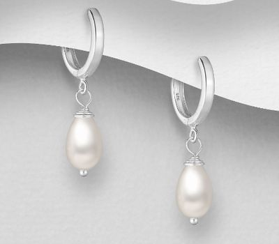 925 Sterling Silver Hoop Earrings, Beaded with Simulated Pearls