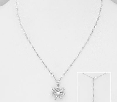 925 Sterling Silver Flower Necklace, Decorated with CZ Simulated Diamonds and Simulated Pearl