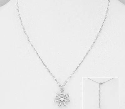 Şəkli böyütmək üçün tiklayın 925 Sterling Silver Flower Necklace, Decorated with CZ Simulated Diamonds and Simulated Pearl