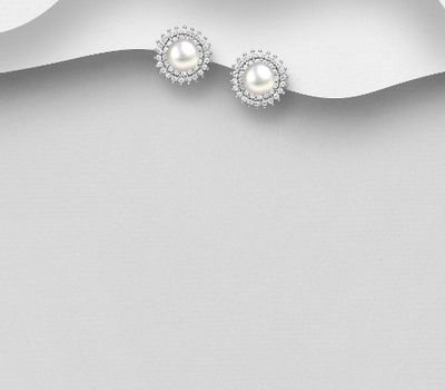 925 Sterling Silver Push-Back Earrings, Decorated with CZ Simulated Diamonds and Simulated Pearls