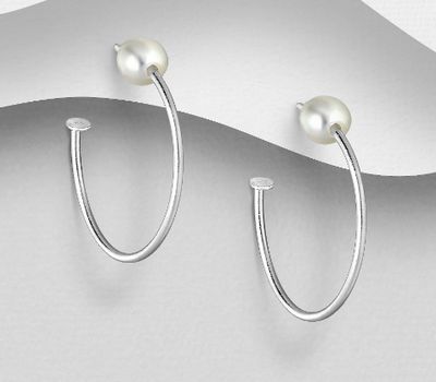 925 Sterling Silver Push-Back Earrings, Decorated with Simulated Pearls