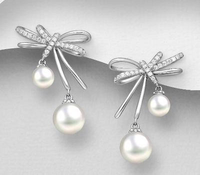 925 Sterling Silver Push-Back Earrings, Decorated with CZ Simulated Diamonds and Freshwater Pearls