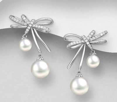 Şəkli böyütmək üçün tiklayın 925 Sterling Silver Push-Back Earrings, Decorated with CZ Simulated Diamonds and Freshwater Pearls