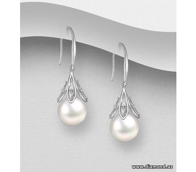 Şəkli böyütmək üçün tiklayın 925 Sterling Silver Hook Earrings, Decorated with Reconstructed Shell and CZ Simulated Diamonds