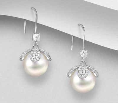 Şəkli böyütmək üçün tiklayın 925 Sterling Silver Hook Earrings, Decorated with Reconstructed Shell and CZ Simulated Diamonds