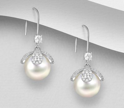 925 Sterling Silver Hook Earrings, Decorated with Reconstructed Shell and CZ Simulated Diamonds