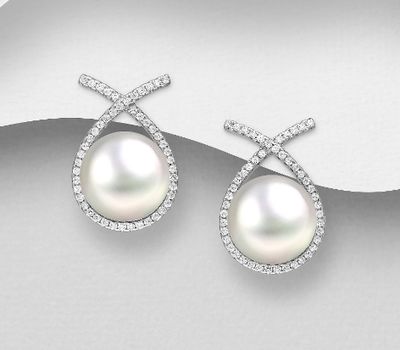 925 Sterling Silver Push-Back Earrings, Decorated with CZ Simulated Diamonds and Reconstructed Shell